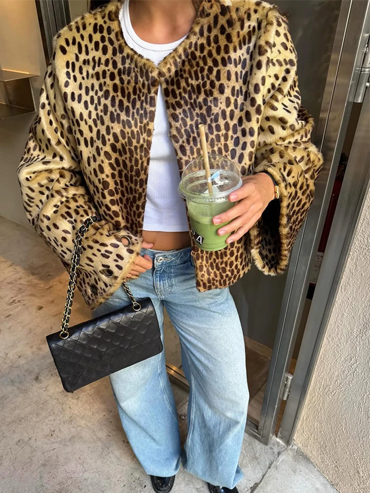 Płaszcz damski w panterkę, długi rękaw, okrągły dekolt, do pracy, casualowy, jednorzędowy, futrzany, ciepły płaszcz wierzchni.