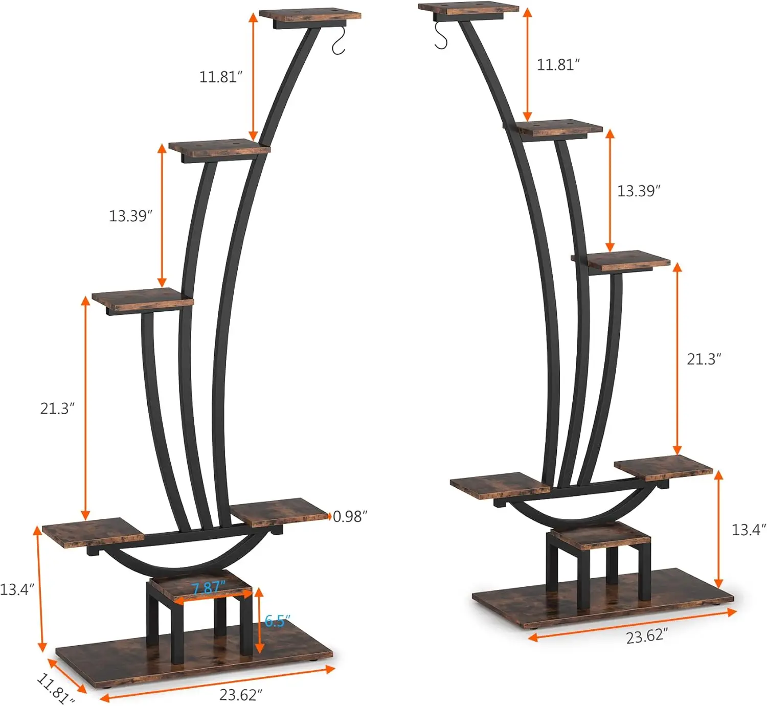 Tribesigns-Soporte de Metal de 6 niveles para plantas, estante de exhibición de plantas curvadas multiusos para interiores con 2 ganchos colgantes, paquete de 2