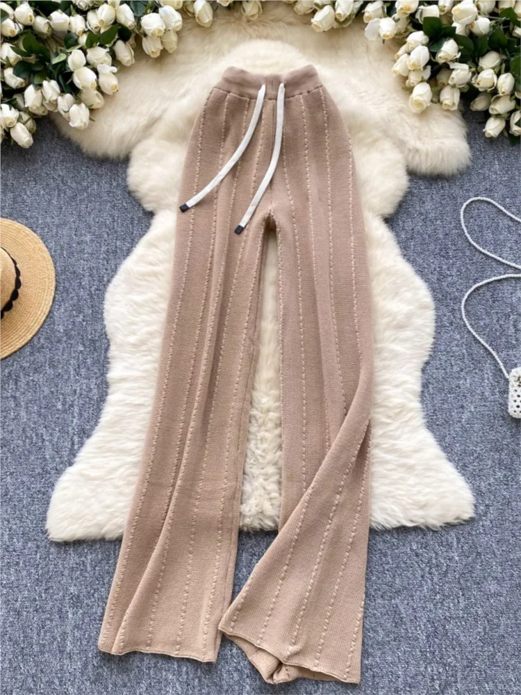 Autumn Women Knitted Drawstring Wide Leg Pants Casual Female Elegant High Waist Street Style Solid Trousers New Fashion