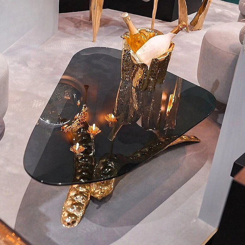 

Light luxury art design brass coffee table, villa luxury living room creative high-end glass tea table