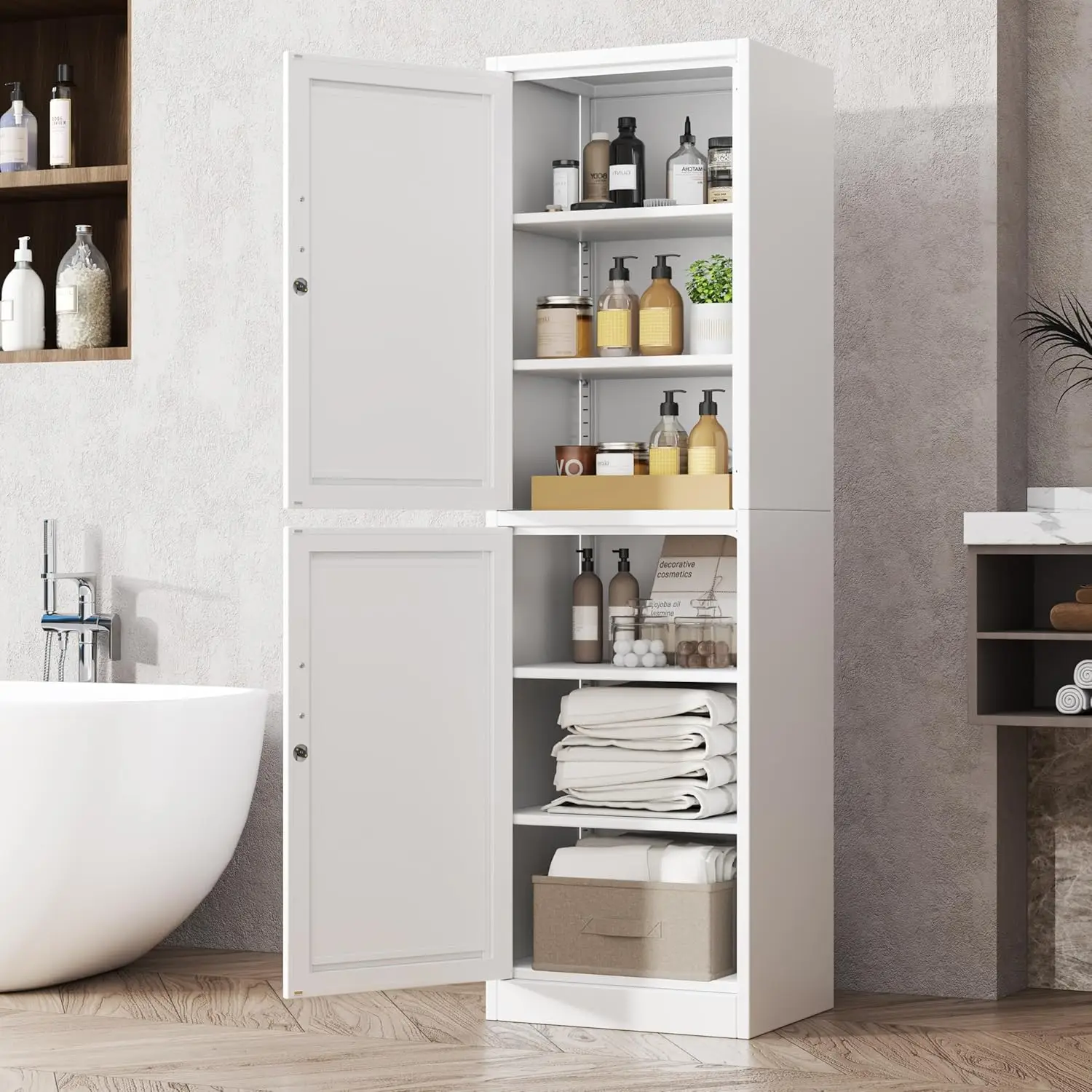 Tall Metal Narrow Bathroom Storage Locker Cabinet 67" H, Tall White Pantry Cabinets with 4 Adjustable Shelves and 2, Custom