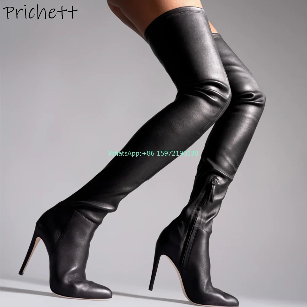 

Solid Black Patent Toe Boots Thin Heels Zipper Thigh High Large Size Boots Women's Sexy Concise Runway Dress Fashion Boots 2024