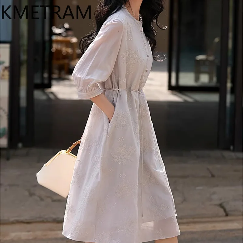 فستان نسائي من KMETRAM مصنوع من الحرير + القطن فساتين فاخرة مطرزة لملابس النساء على شكل حرف a صيف جديد في فساتين 2025 Vestidos Mujer