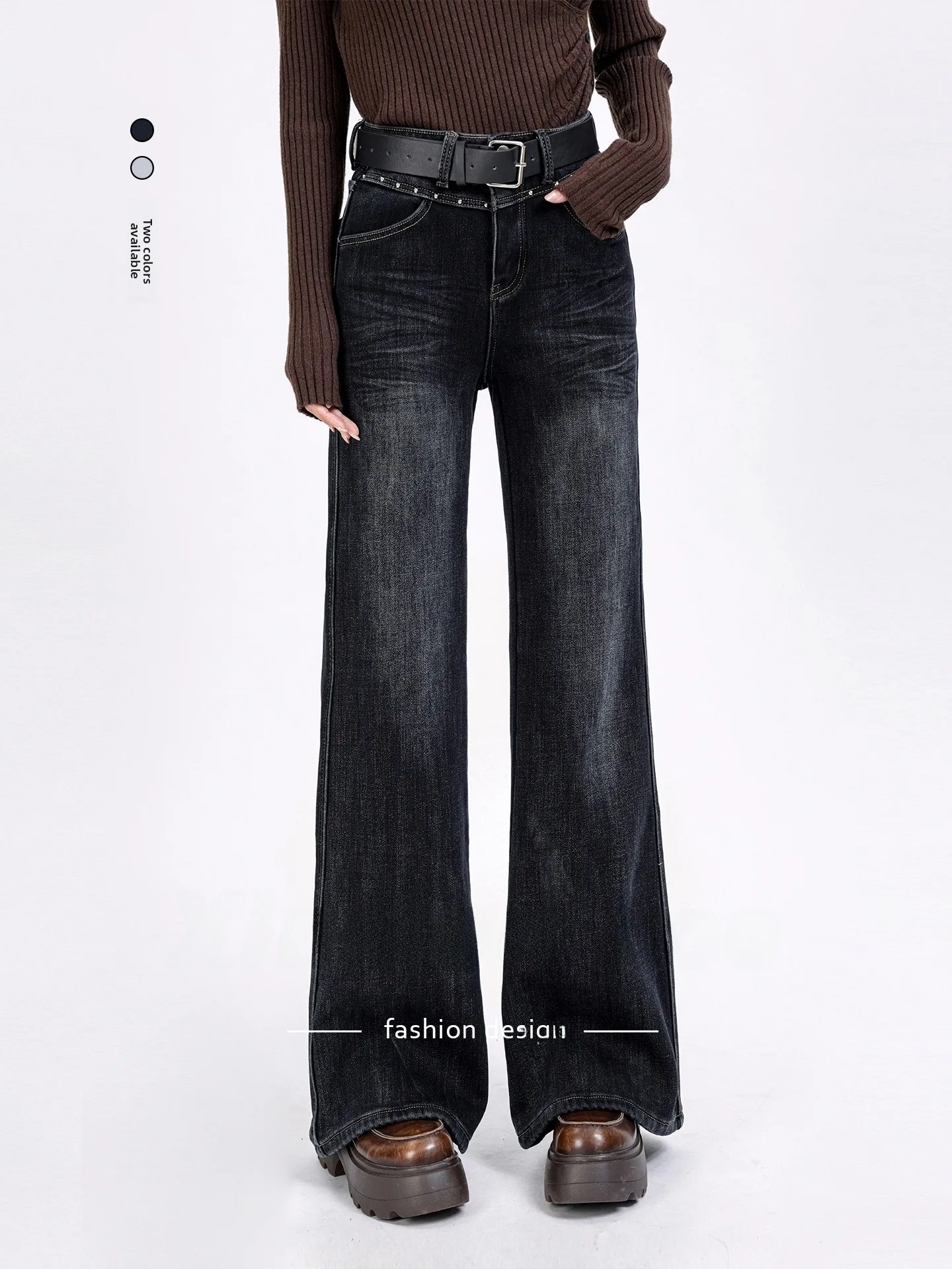 

Выцветшие сексуальные расклешенные джинсовые брюки с высокой талией в стиле ретро, зимние брюки премиум-класса на подкладке с копытами