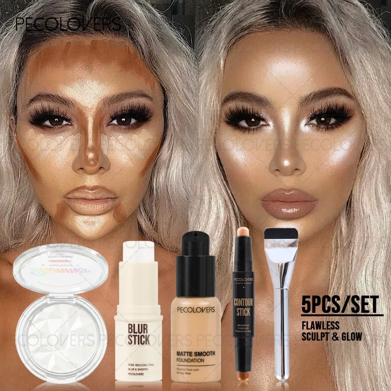 5PCS Face Set, Foundation+repair Stick+base Bar Before Makeup+highlight+makeup Brush, Waterproof, Full Set of Face Cosmetics