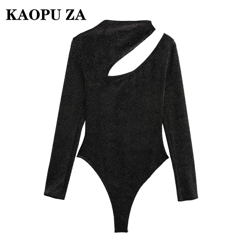 KAOPU ZA 2024 Autumn New Woman Chic O-Collar T-shirt Bottoming Shirt Sexy Female Black Long Sleeve Top Irregular Pullover Velvet