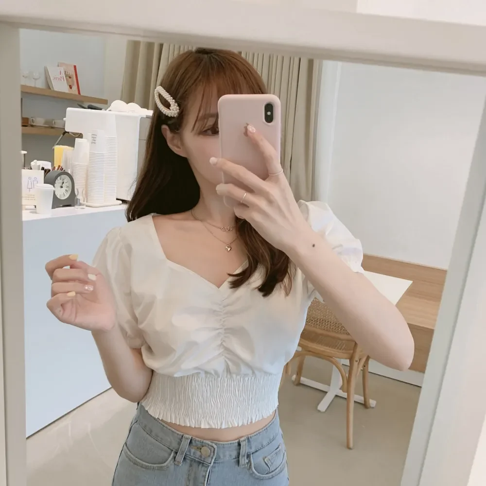 

v neck sexy top crop Shirt Summer White Blouses Women Tops femme Casual Women short sleeve Girls Blouse Cotton New