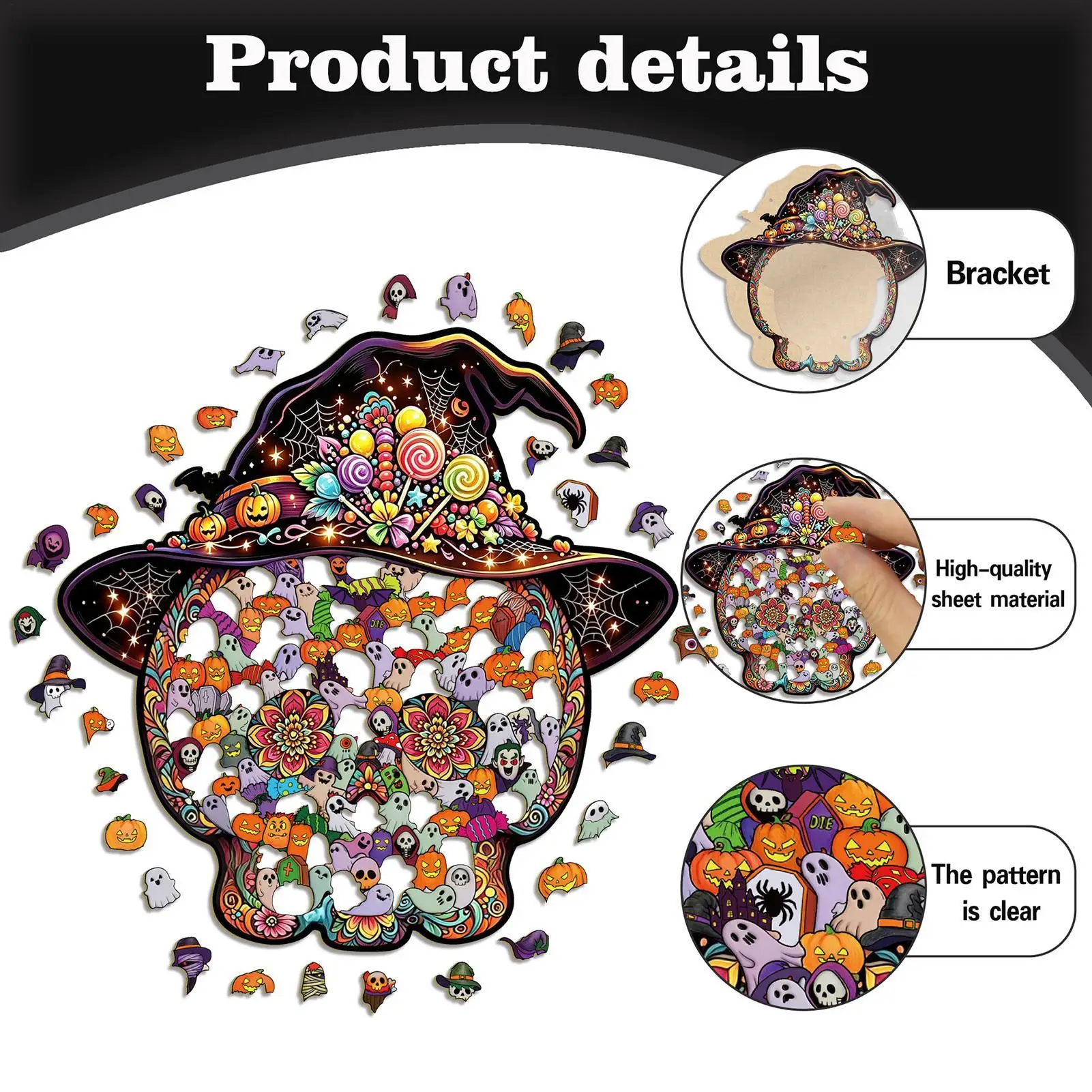 Halloween Puzzles 127 Pieces Skull Witch Hat Jigsaw Challenging Vibrant Decor Desktop Shelf Home Office Classroom Party Supply