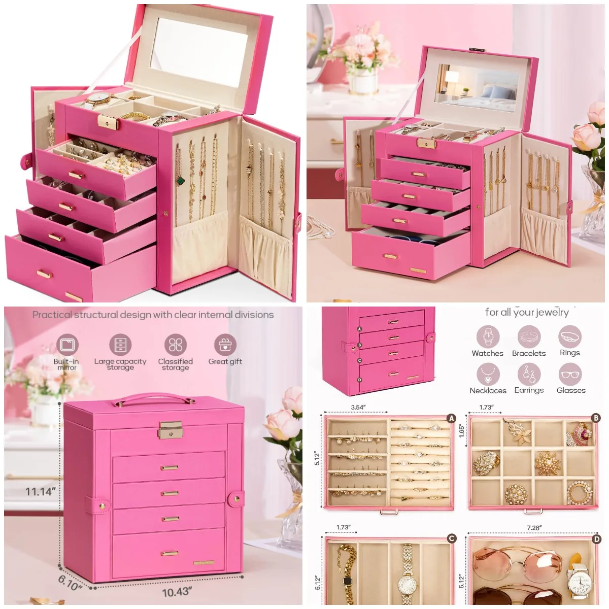 

Розовая и золотая шкатулка для драгоценностей из синтетической кожи с зеркалом, запираемым органайзером для часов и колец, подарочный футляр для хранения сережек