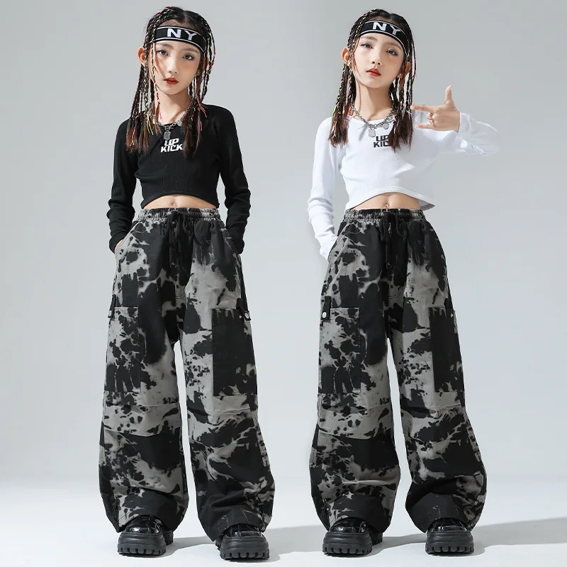 Vêtements Hip Hop Cool pour enfants, T-shirt noir à manches longues, haut court camouflage, pantalon baggy cargo décontracté pour fille, olympiques de danse jazz