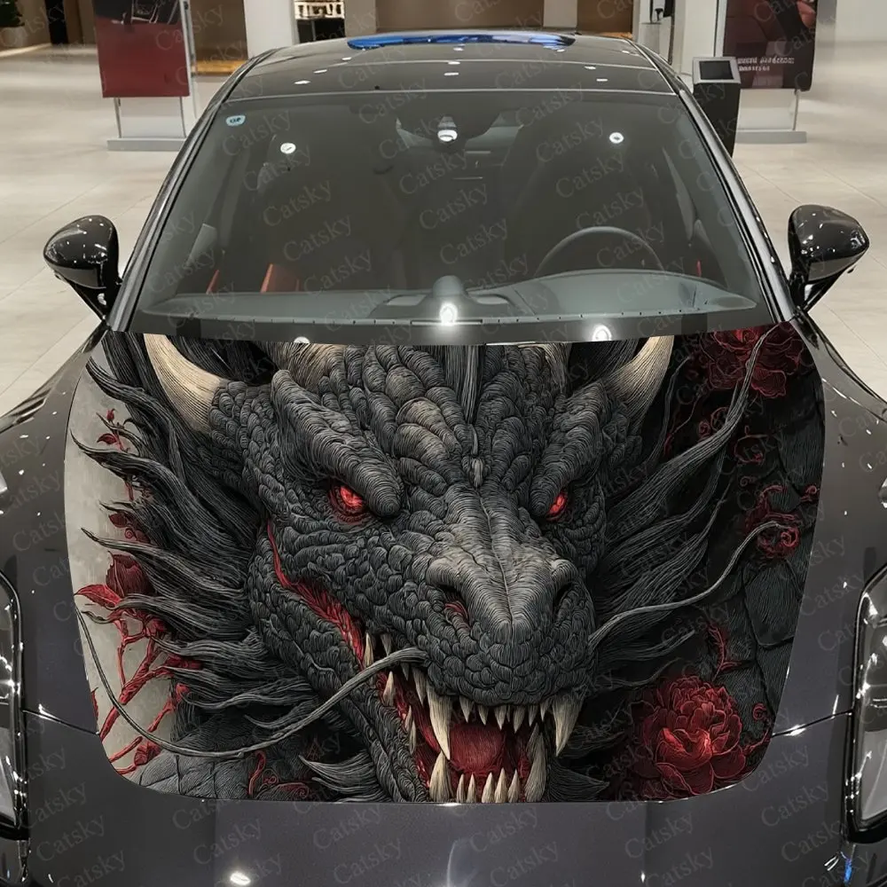 Ink-Patterned Red-Eyed Dragon Car Vinyl Wrap, PVC Waterproof Car Hood Sticker, Self-Adhesive Scratch-Resistant Stickers