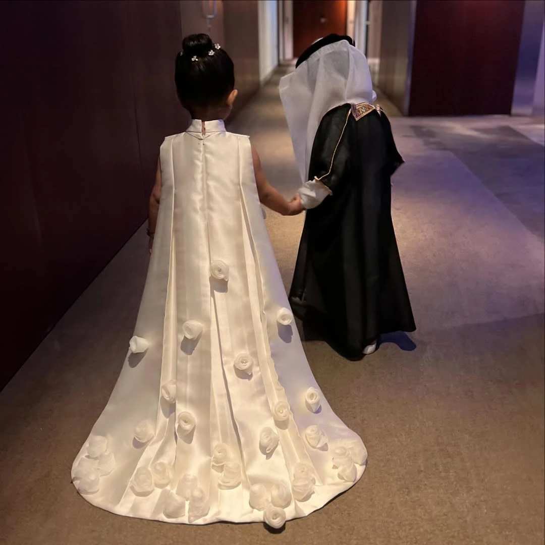 FATAPAESE-Robe de mariée en satin pour filles, robe de Rhde communion pour enfants, jupe longueur au sol, nœud papillon personnalisé sur les vêtements