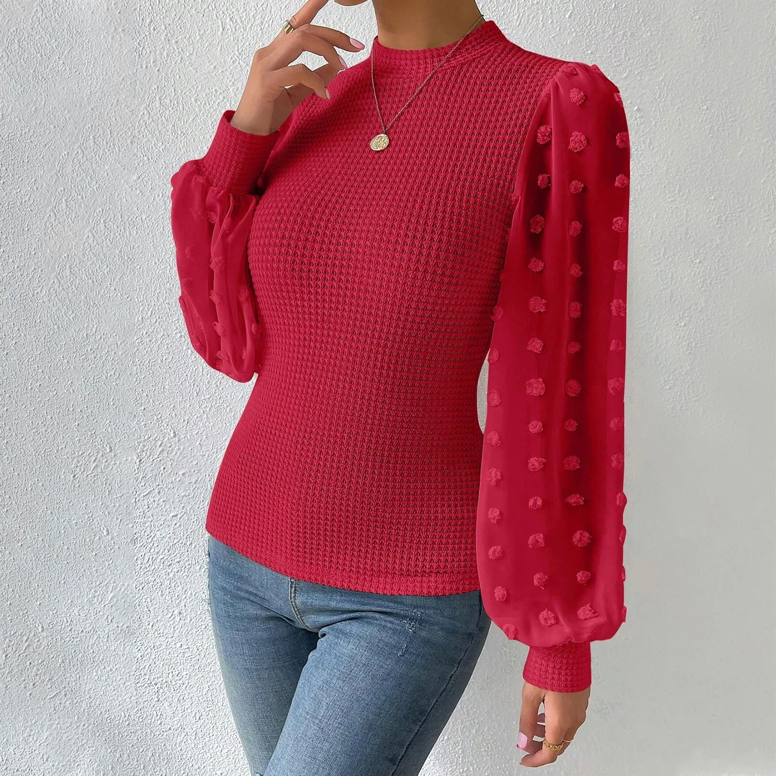 Elegant Knitted Blouse Shirt Women Autumn O Neck Long Sleeve Mesh Puff Sleeve Slim Shirts For Women Autumn Office Tops