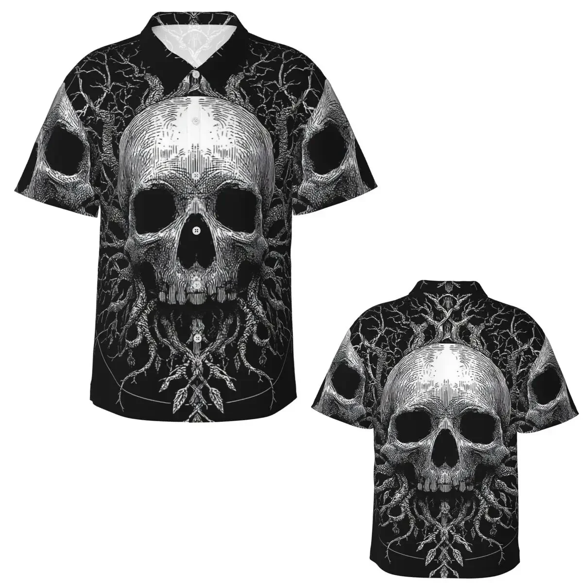 Skeleton Tree Printed Hawaiian Shirts Funny Men Short Sleeve Shirt for Summer Beach Men's Lapel Tops