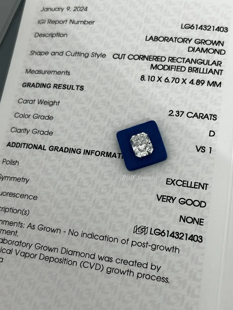 Ruif Radiant Cut 2.37ct  D VS1  EX/VG N Lab Grown Diamond CVD for Luxury Jewelry Making with IGI Certificate