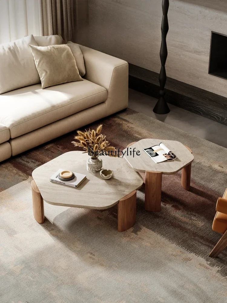 Wabi Sandy Wind Natural Travertine Coffee Table Living Room Creative Homestay Retro Polygonal Solid Wood