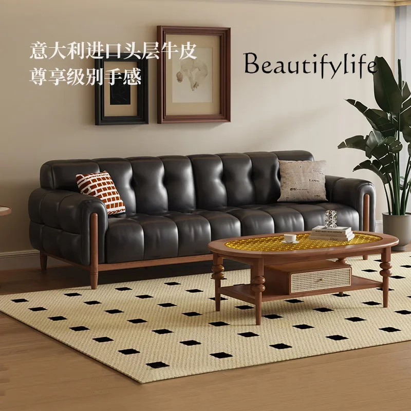 

yj7 Retro leather sofa first layer cowhide living room straight row French medium antique black