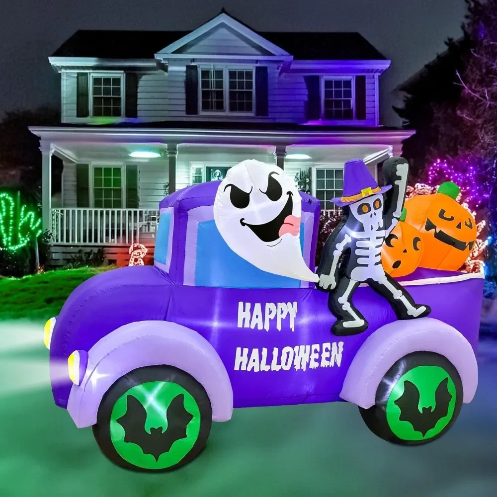 8FT Halloween Inflatables Outdoor Decorations, Lighted Halloween Blow Ups Ghost Driving Car with Pumpkins Skeleton for Scary