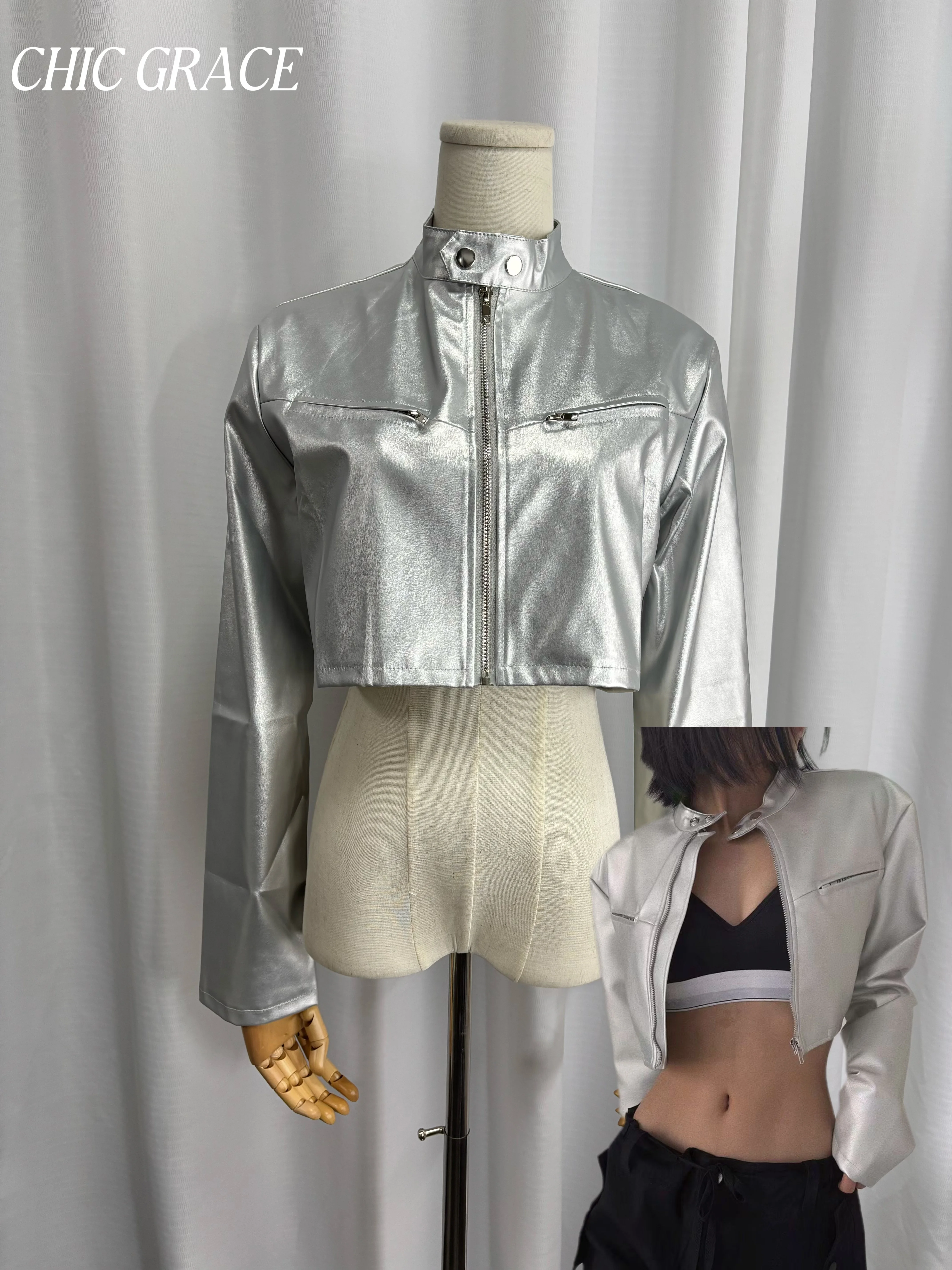 American Functional Wind Zipper Cargo PU Leather Jacket for Women, Crop Slim Fit Streetwear Edgy Short Coat, Y2K Punk Fashion Ou