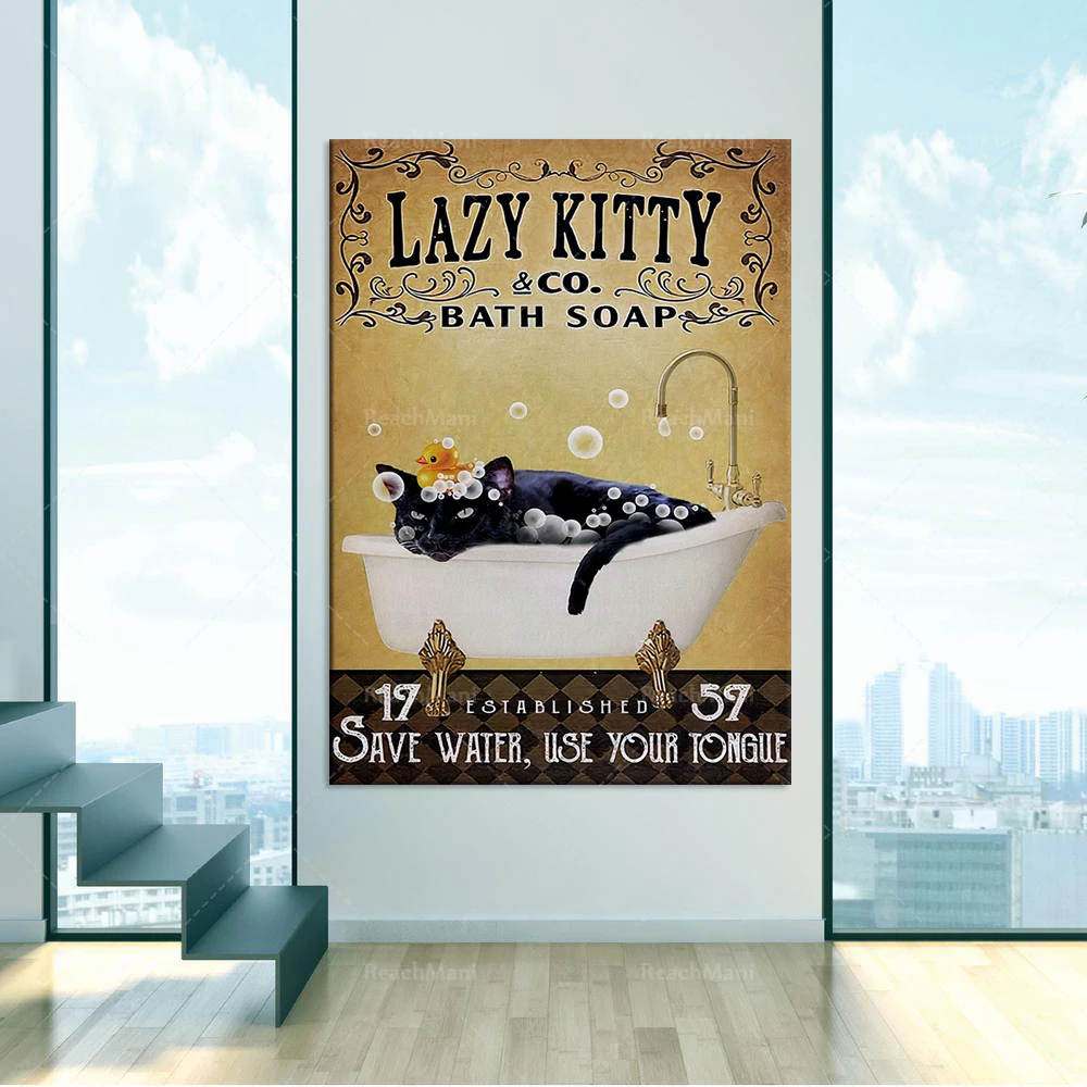 Lazy Kitty poster, save water, use your tongue poster, cat smoke poster, vintage black cat canvas print, bathroom wall decor