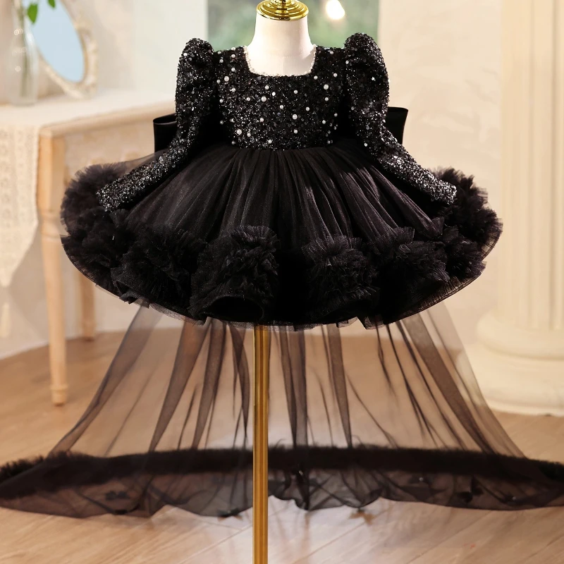 Children Girls Black Sequin Tulle Princess Ball Gown with Dress Kids Formal Evening Celebration Bow and Train Birthday Party