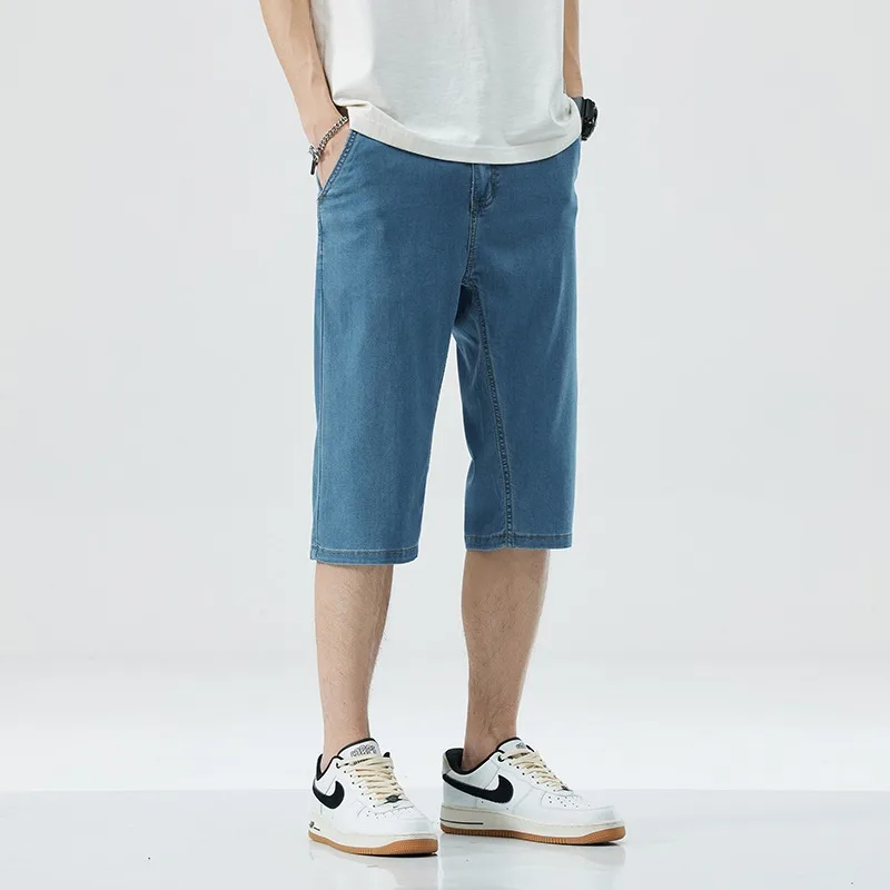

2025 Summer Men Thin Lysel Denim Shorts Loose Straight Leg Casual Everything Cropped Pants