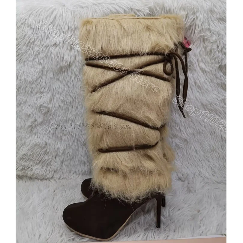 

Fur Cross Band Lace up Boots Pointed Toe Flock Stylish Stiletto Heels Design for Women Casual Party Boots Zapatos Para Mujere