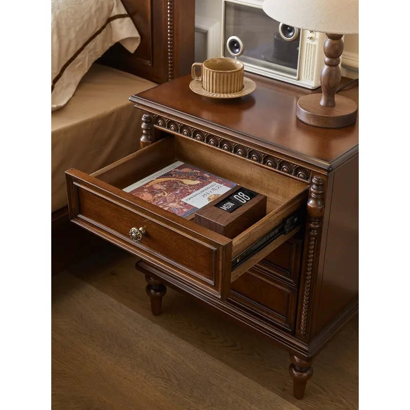 French antique bedside table pure solid wood American retro three-drawer lamp cabinet bedroom furniture bedside cabinet decorati