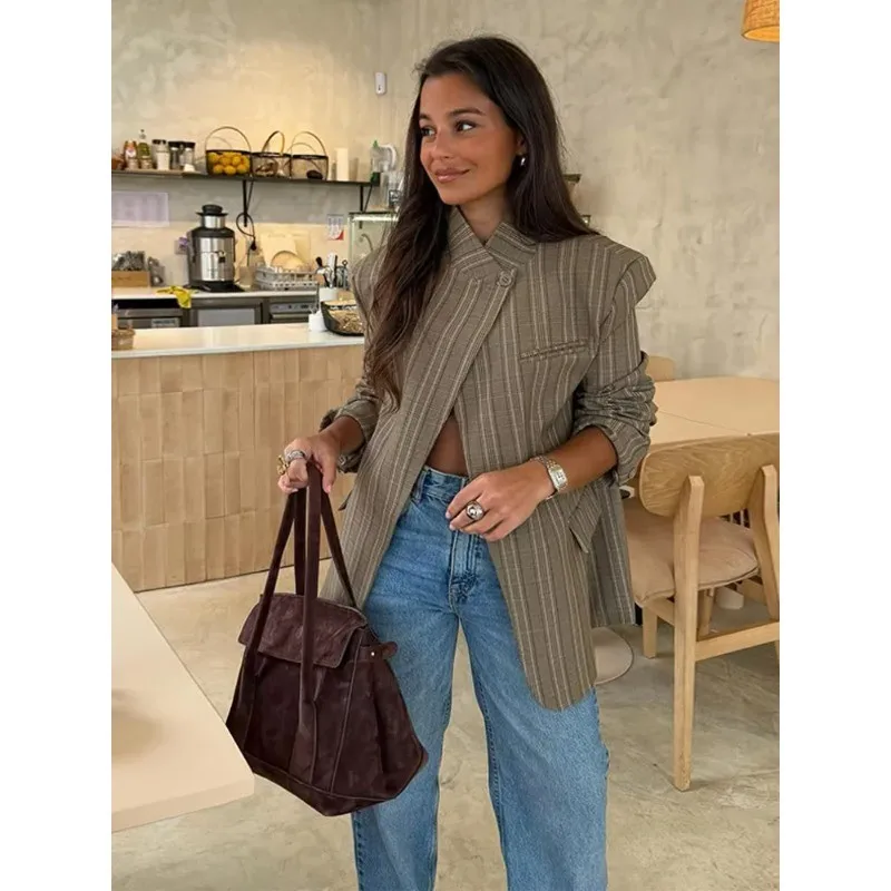 Women's Vertical Stripe Checkered Stand Collar Blazer Loose Casual Asymmetrical Single-Button Retro Office Jacket Outerwear