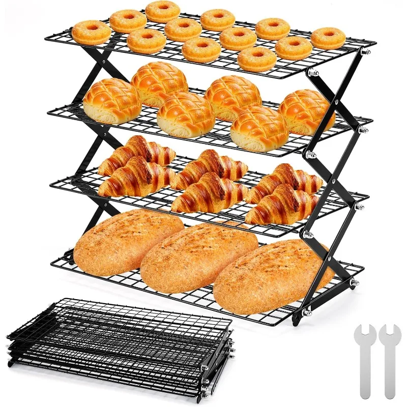 3/4-Tier Upgraded Collapsible Cooling Rack with Adjustable Design Stackable Roasting Cooking Drying Wire Cooling Rack for Baking