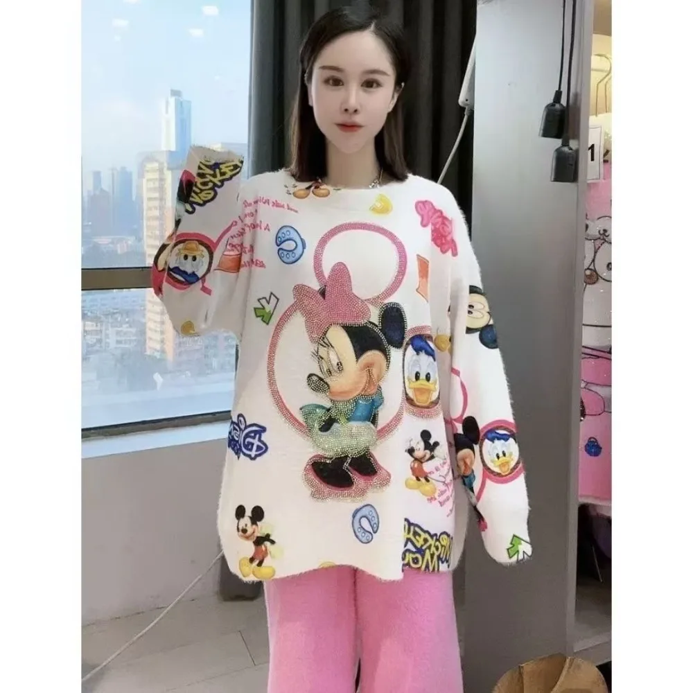 سترة نسائية كبيرة الحجم بطباعة كارتون ديزني، بلوفر ميني آند دونالد داك مطرز بالترتر، بلوزة كاجوال فضفاضة بأكمام طويلة متماسكة