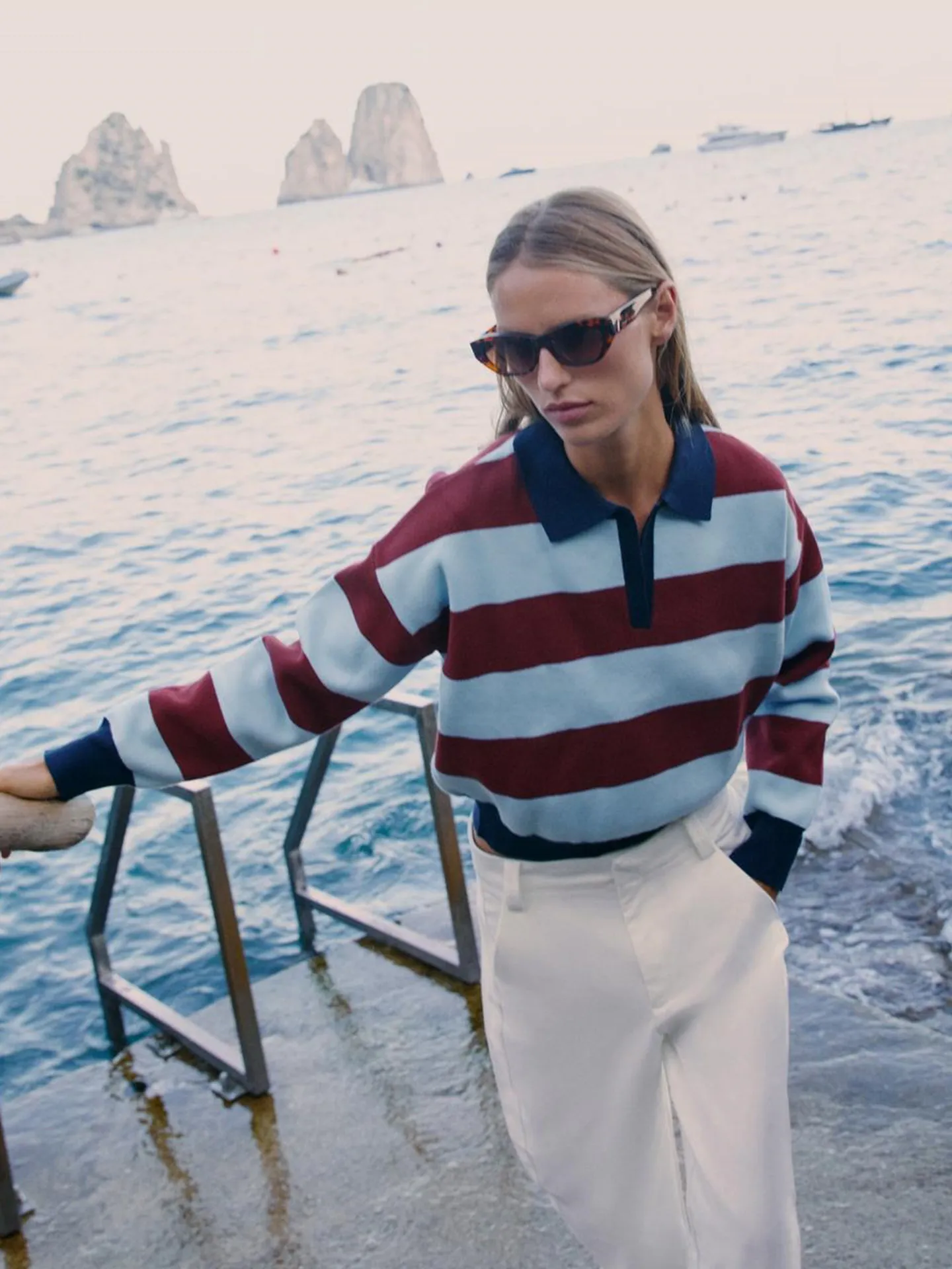 Autumn New Street Style Women's Knitted  Neck Long Sleeve Color Block Stripe Design Top Casual Loose Fit Polyester