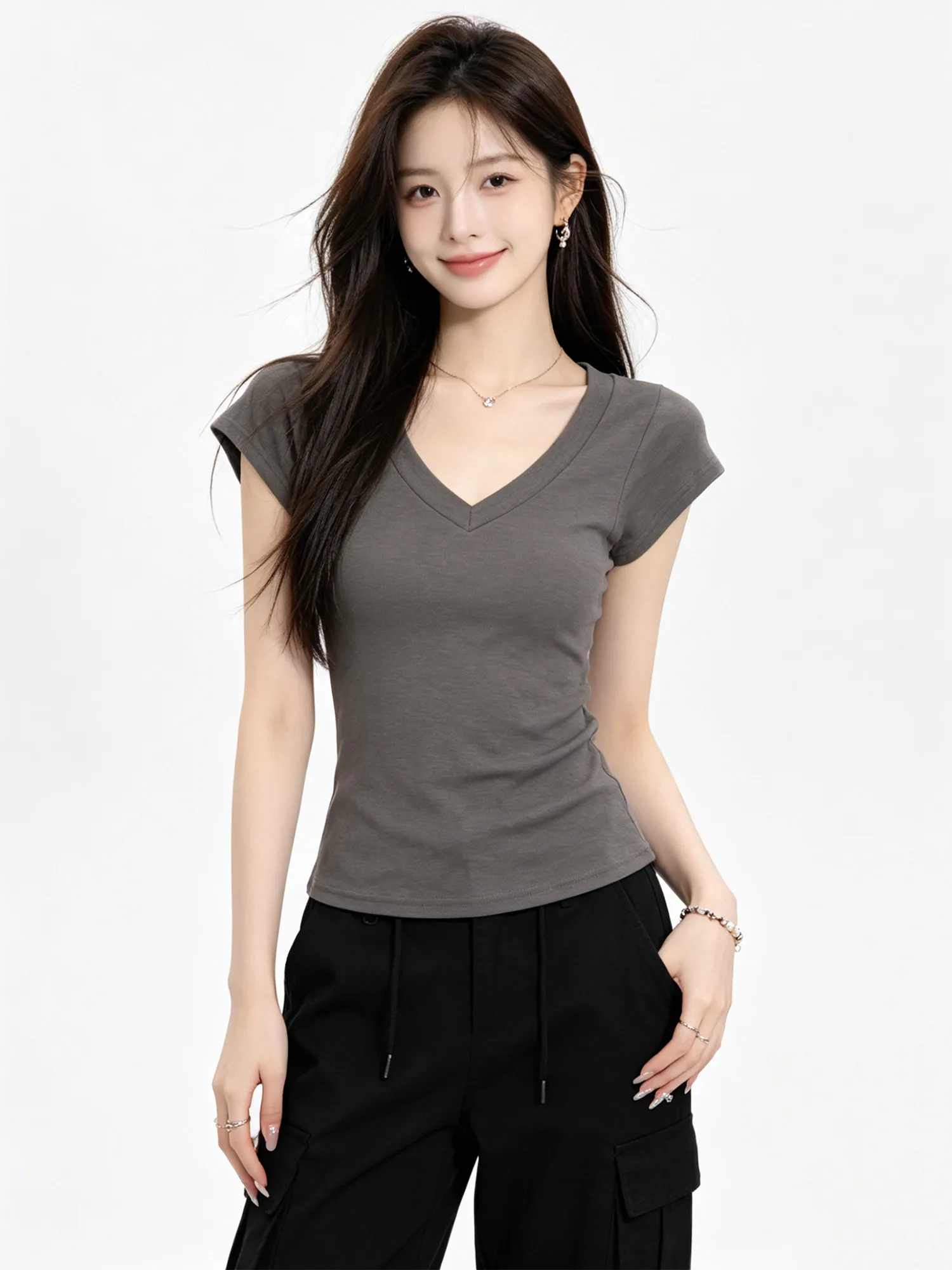 Black Slim Fit Base Shirt Summer 2026 New Lazy Shoulder Batwing Sleeve V-neck Short Sleeve Tight T-shirt Women Comfortable So...