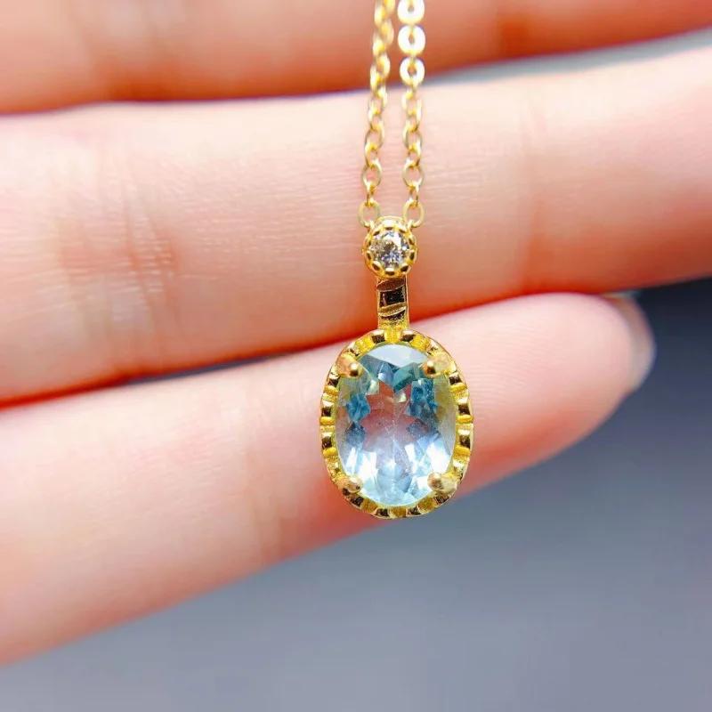 

Natural Aquamarine Pendant 925 Silver Inlaid Gemstone Clavicle Chain Accessory Women'S Jewelry