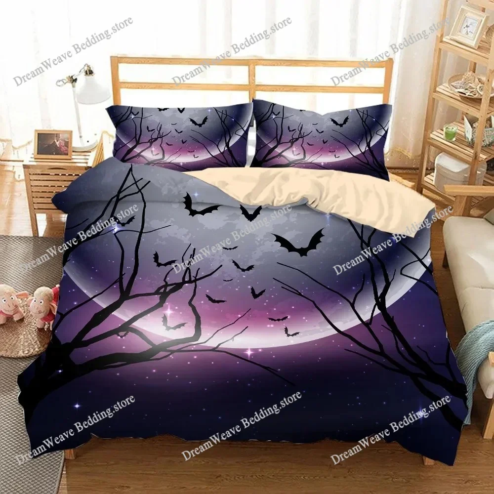 Halloween Bat with Pumpkin Soft Bedding Set Single-Twin-Full-Queen-King Size Adult Kid Bedroom Breathable Duvet Cover 2025FQH