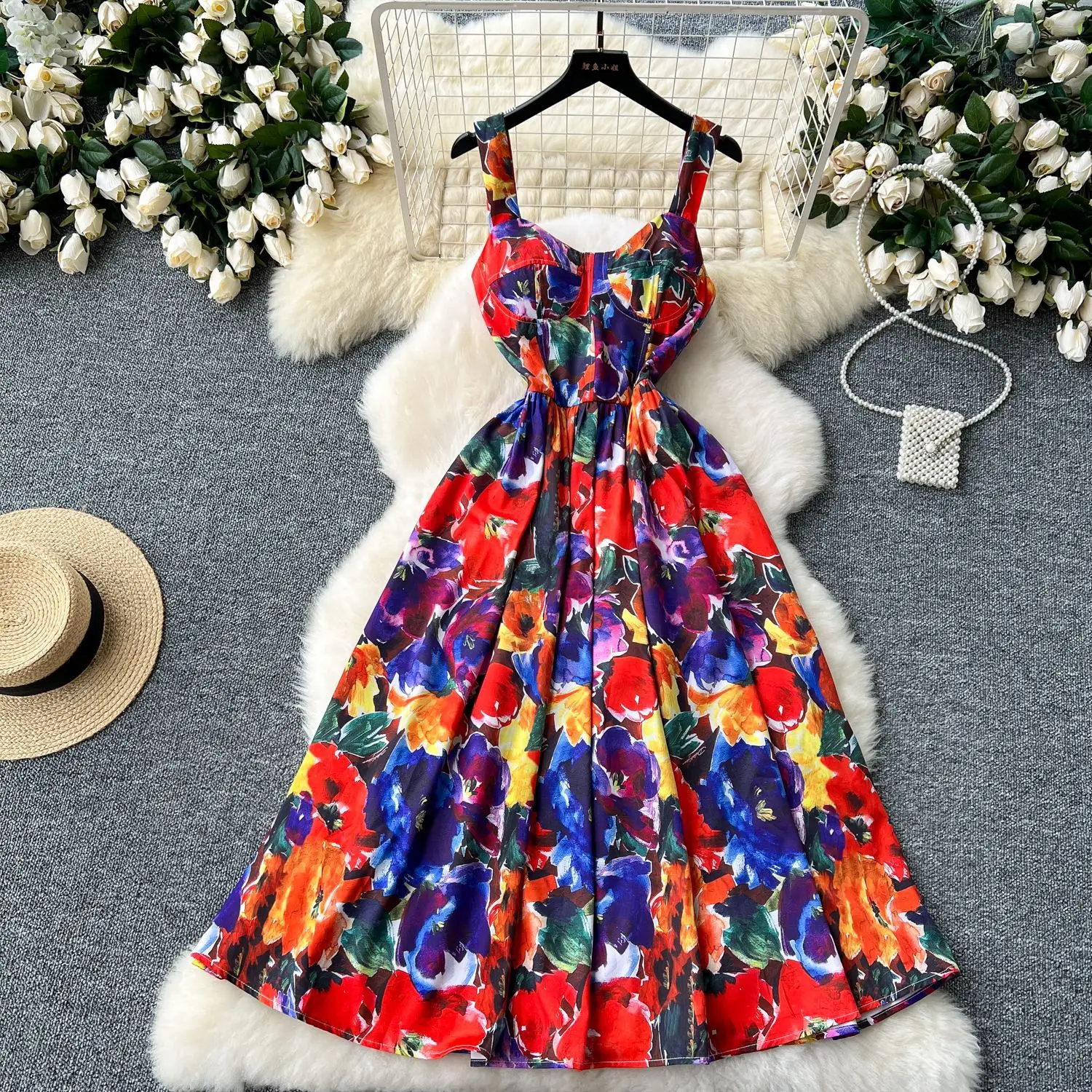 Midi Summer Print Dress Women Holiday Vegetable Corse Chest Wrap Stretchy Strap Sexy Party Midi Dresses Clothing Belt Vestidos