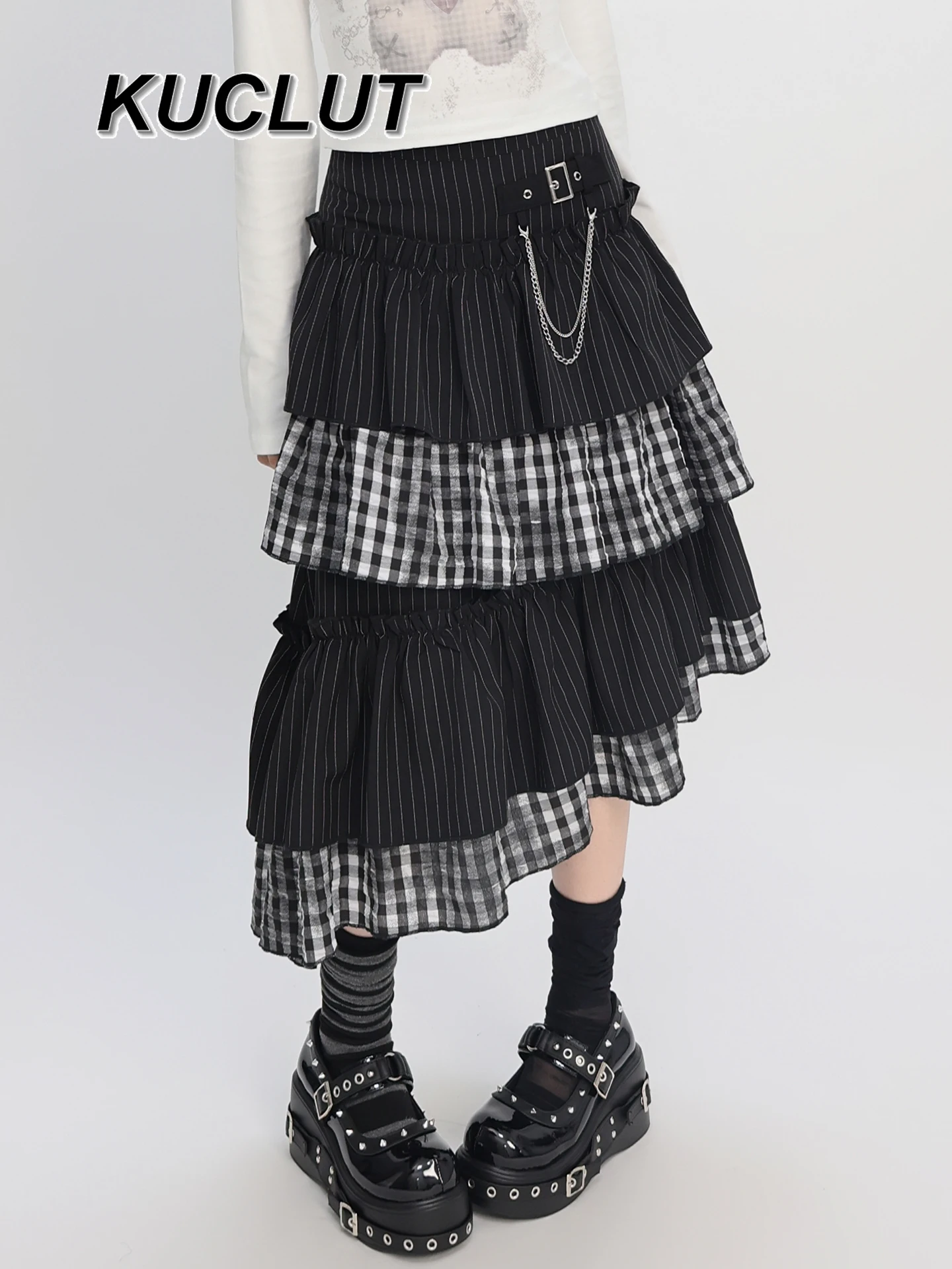 

Original Punk Style Irregular Casual Skirts for Women Summer Autumn Sweet Cool Patchwork Fashion Retro Striped Midi Skirt