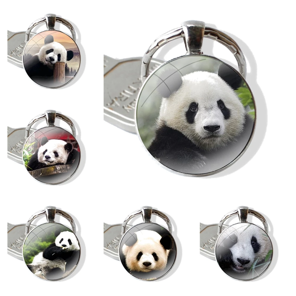 Animal Giant Panda Cute Keychain Handmade Glass Cabochon Key Ring Holder Pendant Key Chains Fashion Cartoon Creative Design