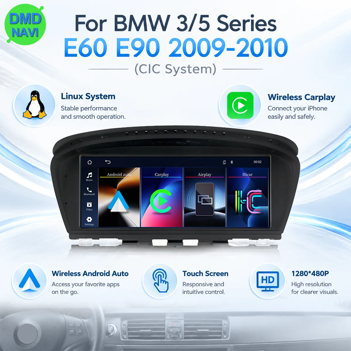 Image of 8,8' Touchscreen Wireless CarPlay Linux-System für BMW 3/5er Serie E60 E61 E90 E91 2009-2010 CIC Auto-Mittelkonsole Radio Multimedia Wireless CarPlay AndroidAuto AirPlay Bluetooth Navigation
