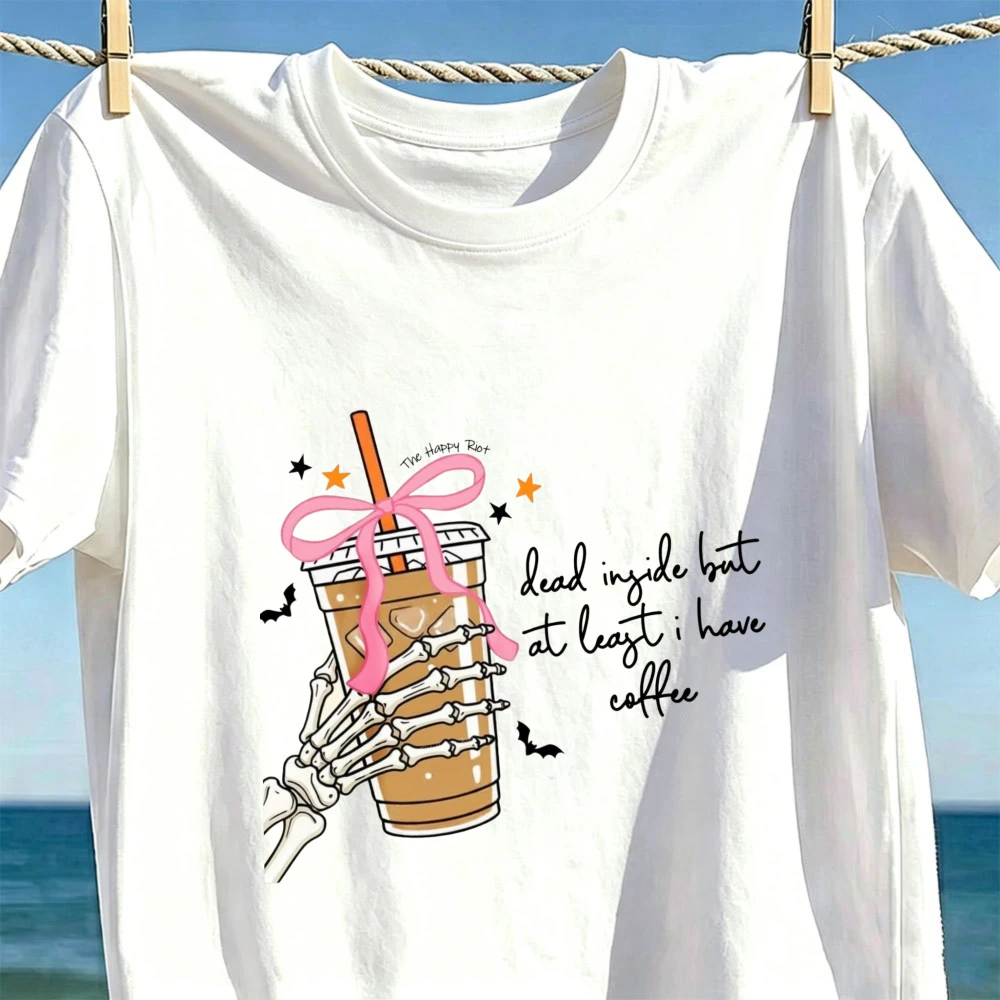 Skeleton Hand Holding Iced Coffee Dead Inside But At Least I Have Coffee Funny Halloween Graphic Unisex Cotton Tshirt Casual Top