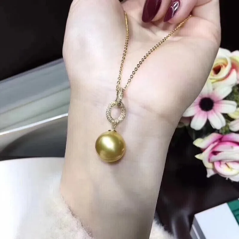 AAAA 11-12 มม.ธรรมชาติ South Sea Gold จี้มุกผู้หญิง 18 นิ้ว 925 เงิน