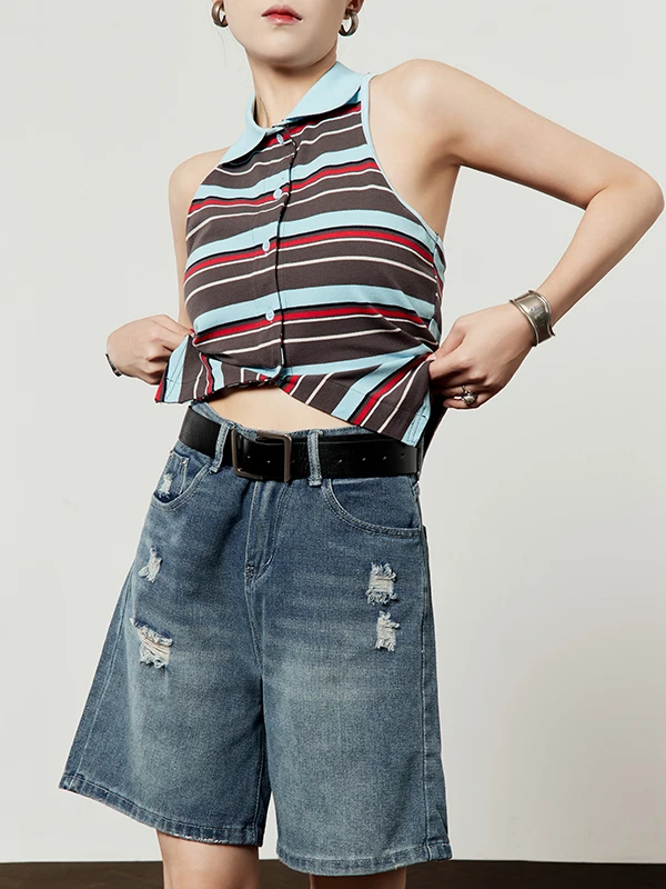 

Ретро-шорты из цветного денима для женщин: новые летние, с дырками, свободные, повседневные, универсальные, износостойкие, для города