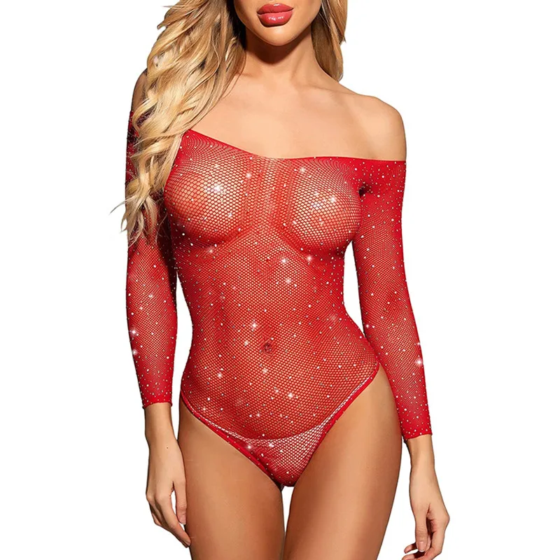 Sexy Fishnet Bodysuit See-Through Mesh Tight Women\'s Sparkling Rhinestone Body Socks Open Off Shoulder Sexy Fishnet Body Socks