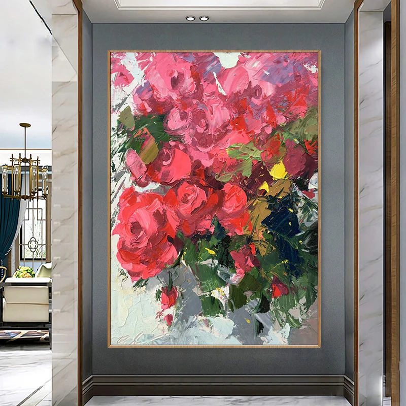 Oil Painting Handmade Wall Art Vintage Pink & White Roses Floral Plants Modern Art Rustic Colorful Flowers Warm For Living Room