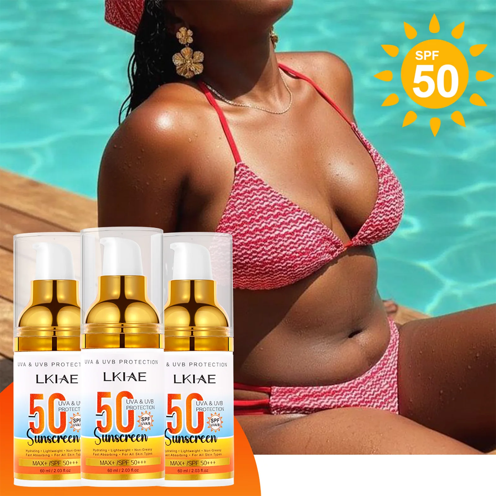

Солнцезащитный крем LKIAE SPF 50+ для лица и тела, широкого спектра защиты, водостойкий, нежирный, быстро впитывается, дорожный формат, 60 мл