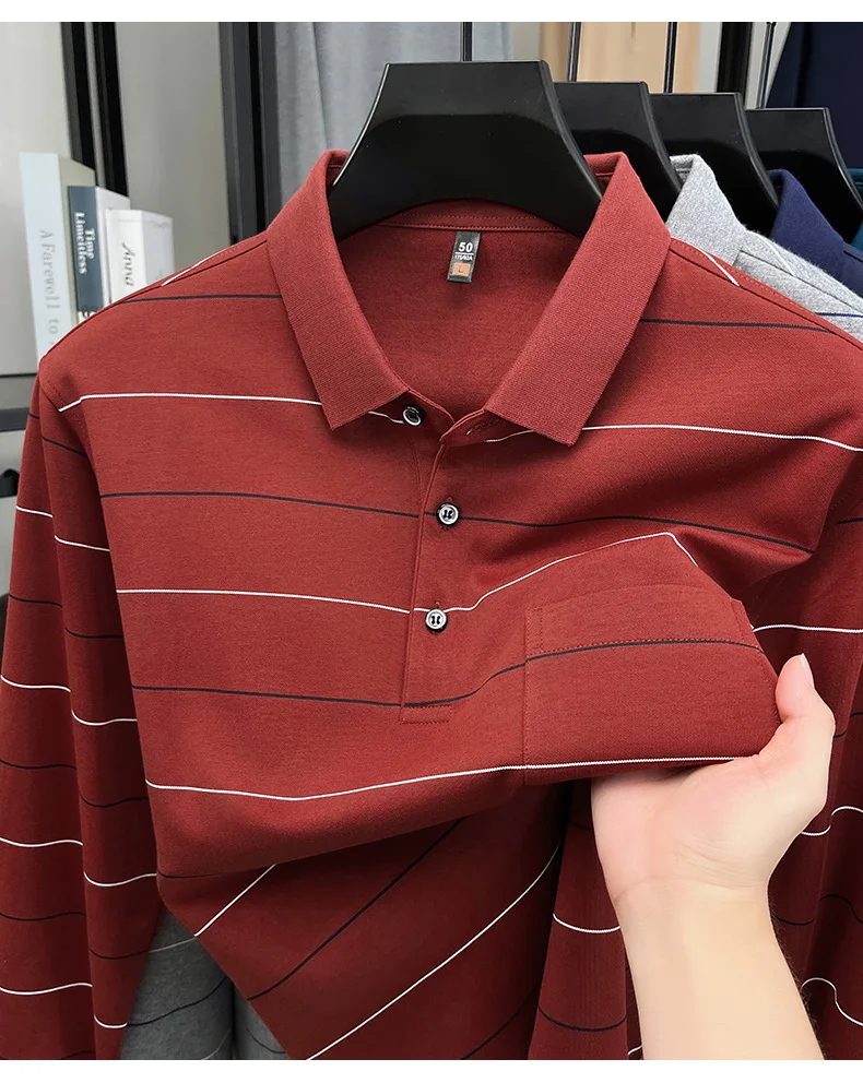 Hochwertiges gestreiftes Langarm-Poloshirt für Herren, neues Komfort-Taschendesign, Frühling/Herbst, luxuriöses Business-Casual-T-Shirt. – Detail 14