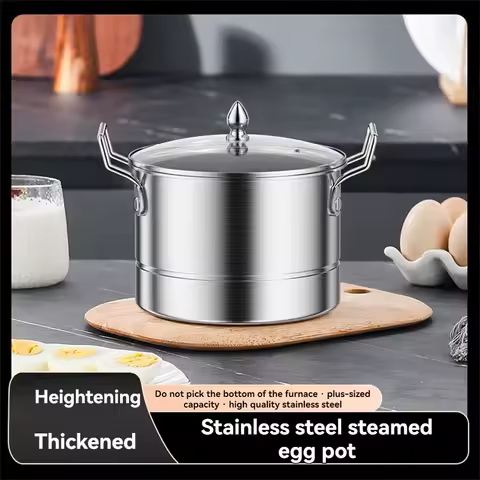 Stainless steel multi-grid soup pot suitable for steaming eggs - compatible with induction cookers, featuring ergonomic handles