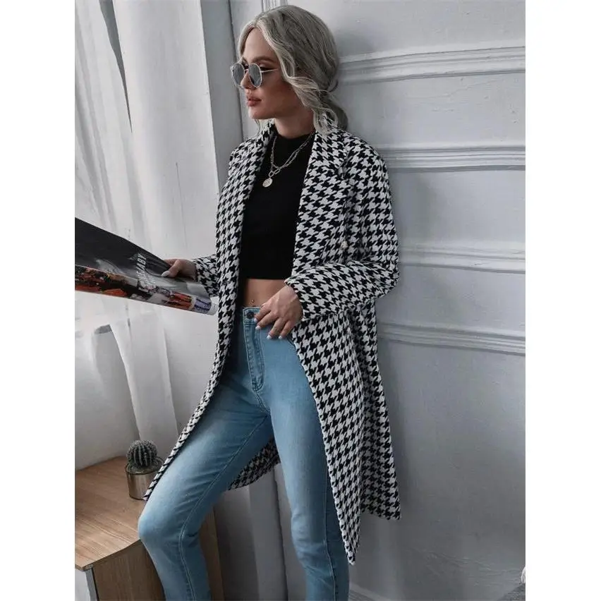 Faionable Plaid Print Long Large Size Coat Autumn Winter New Arrival Women's plus Size Outerwear Sli Cheered Pattern