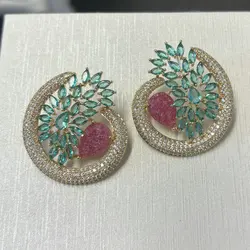 Bilincolor Fashion Green and Pink Cubic Zirconia Round Earring for Women Wedding