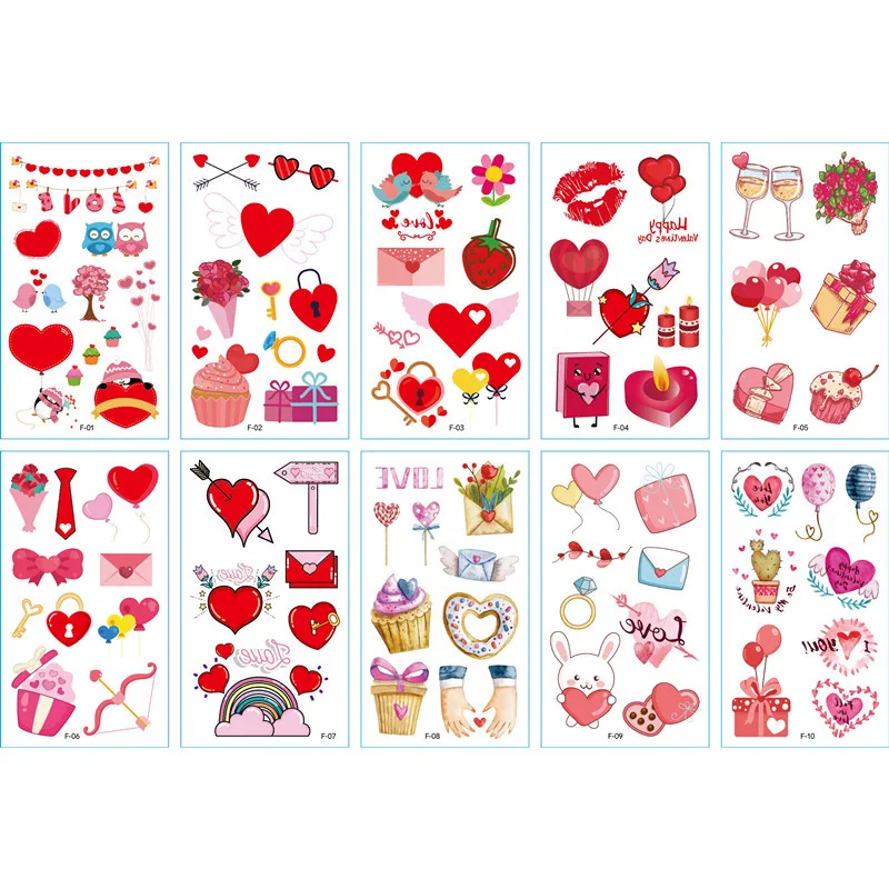 10Sheets Adult Kids Valentines Day Temporary Tattoo Red Heart Rose Flower Tattoo Stickers Women Valentines Decoration Supplies